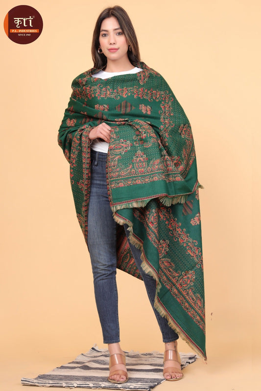 KRITI Luxury Floral Border Woollen Green Color Shawl For Women