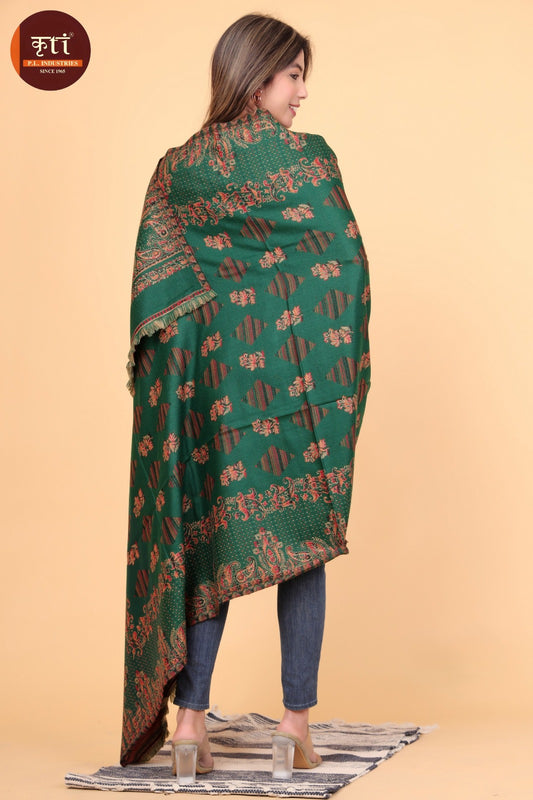 KRITI Luxury Floral Border Woollen Green Color Shawl For Women