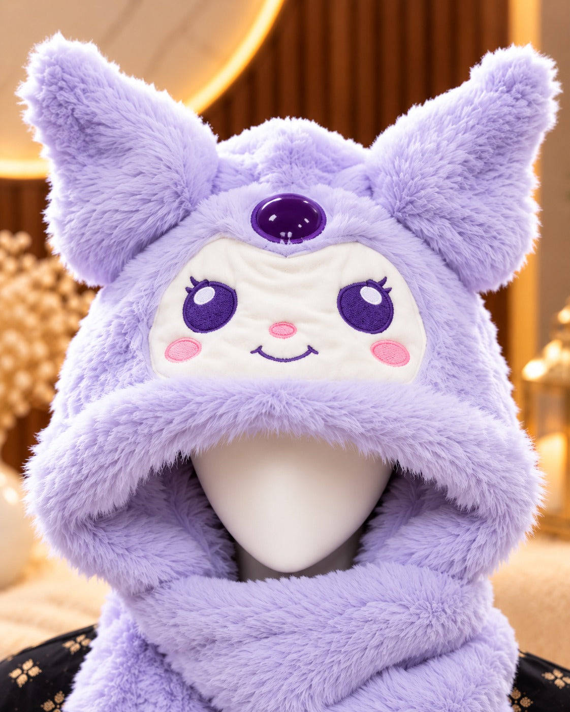 Faux Fur Teddy Bear Hooded Cap with Neck Warmer - Lavender