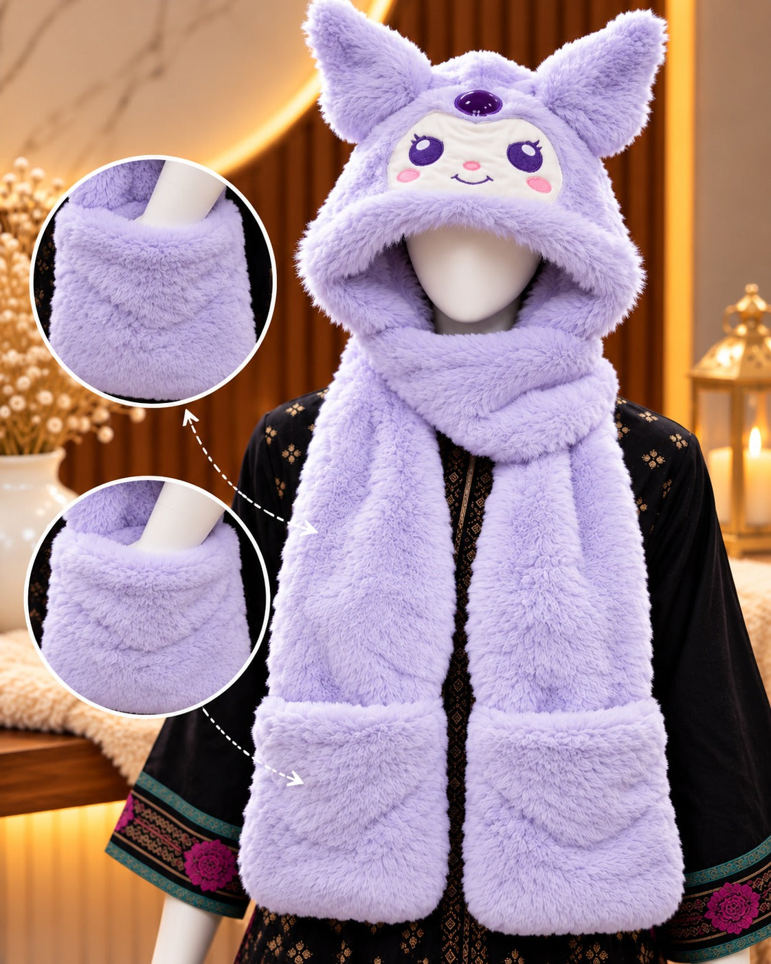 Faux Fur Teddy Bear Hooded Cap with Neck Warmer - Lavender