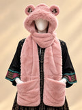 Faux Fur Teddy Bear Hooded Cap with Neck Warmer - Pink