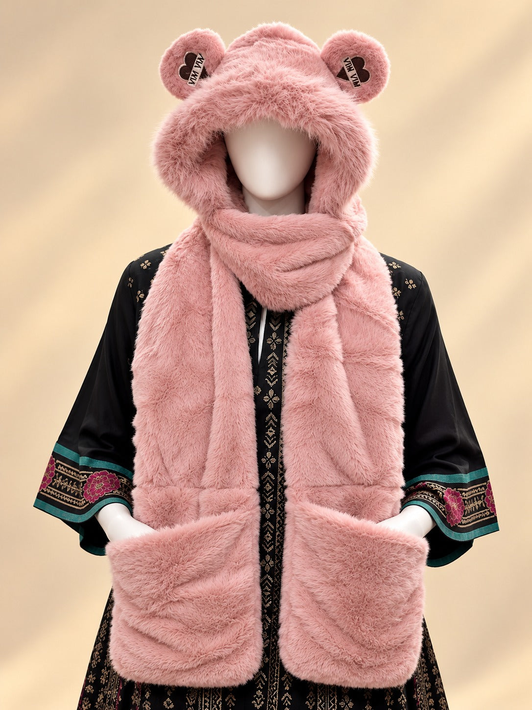 Faux Fur Teddy Bear Hooded Cap with Neck Warmer - Pink