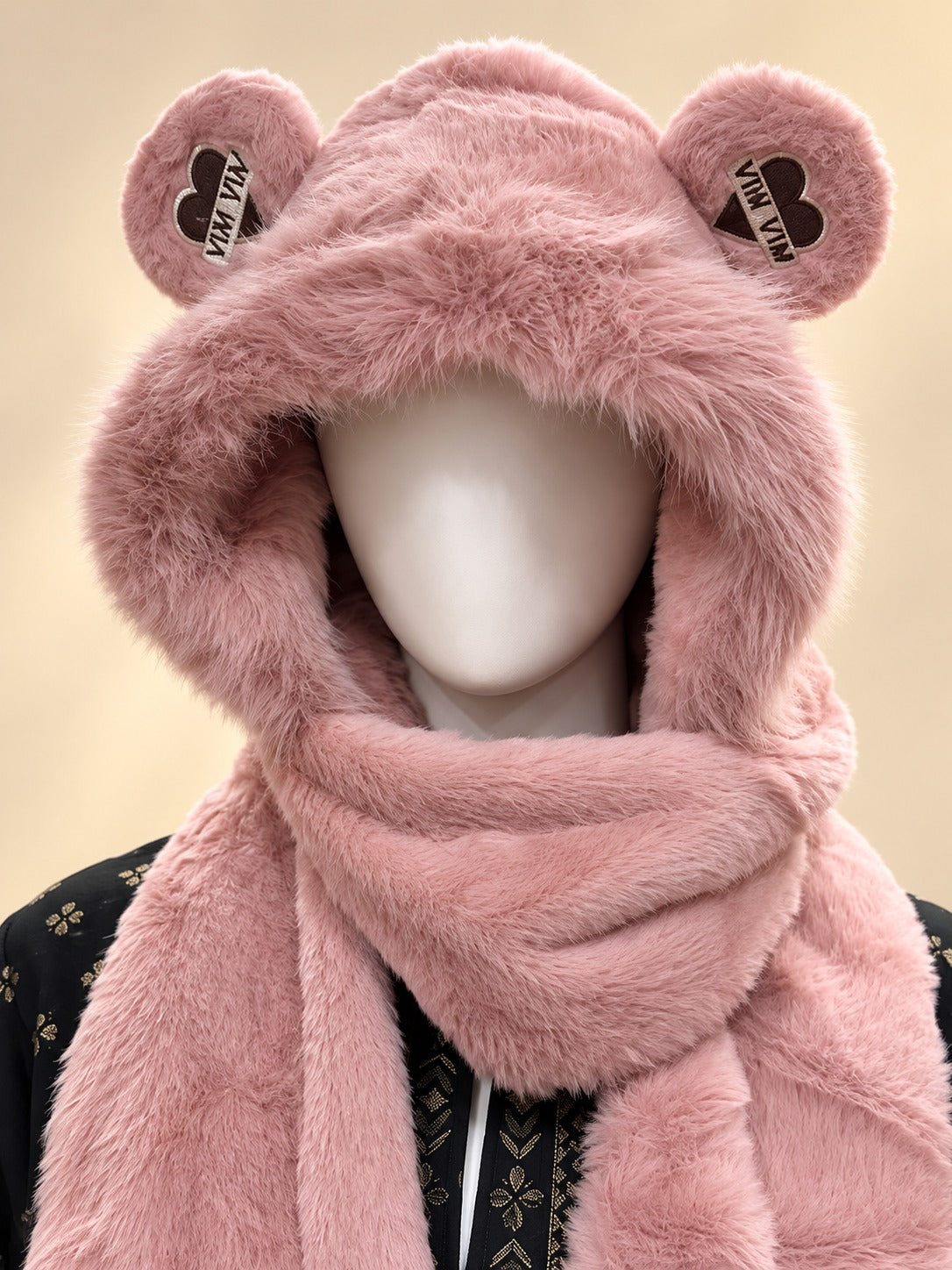 Faux Fur Teddy Bear Hooded Cap with Neck Warmer - Pink
