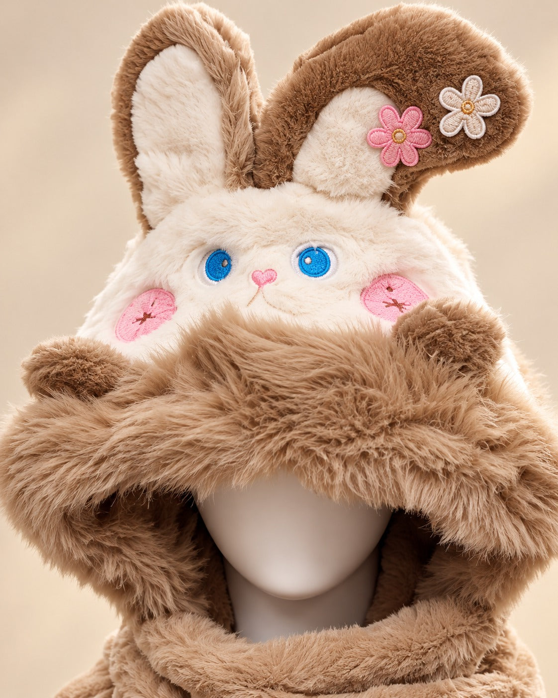 Faux Fur Teddy Bear Hooded Cap with Neck Warmer - Mouse