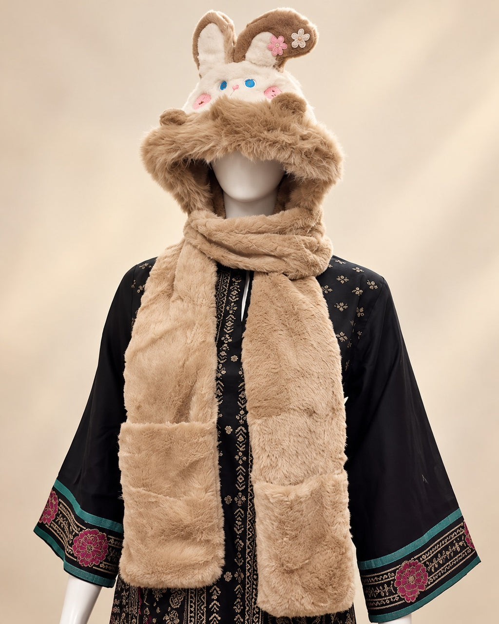 Faux Fur Teddy Bear Hooded Cap with Neck Warmer - Mouse