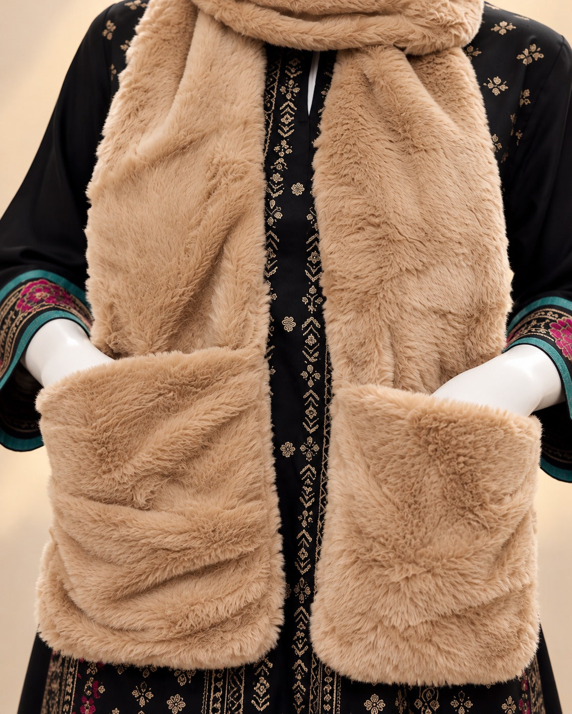 Faux Fur Teddy Bear Hooded Cap with Neck Warmer - Mouse