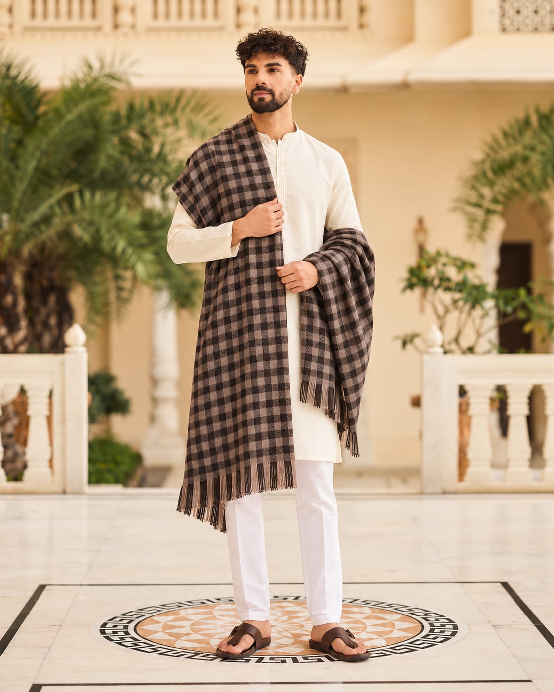 Traditional Check Winter Lohi For Men - Brown And Black