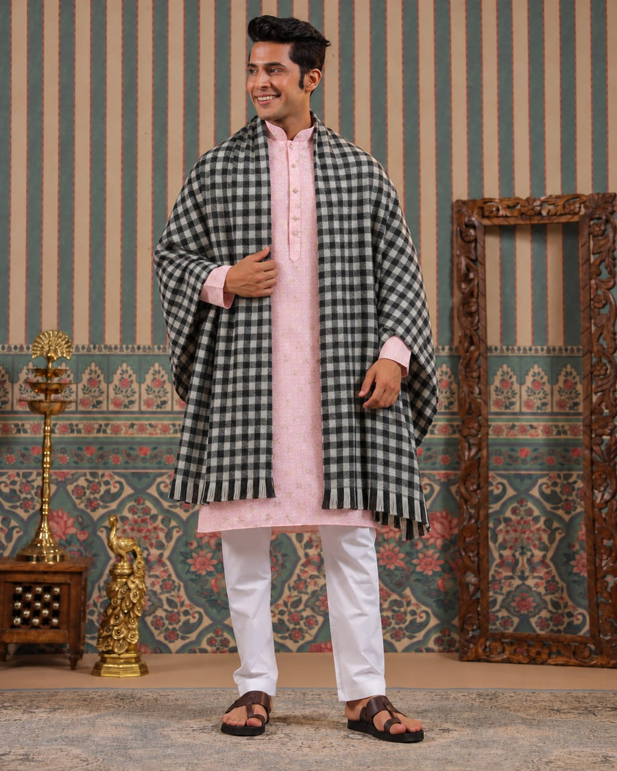 Traditional Check Winter Lohi For Men - Black And White