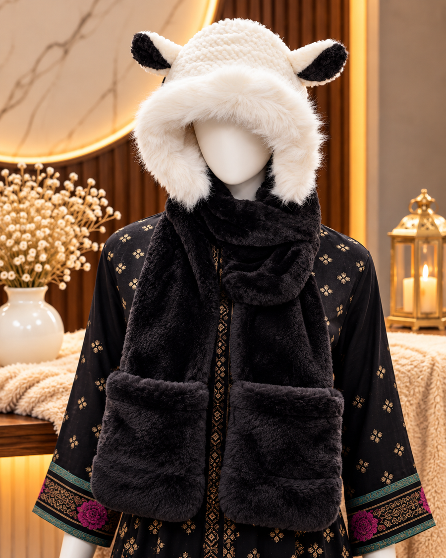 Faux Fur Teddy Bear Hooded Cap with Neck Warmer - Panda