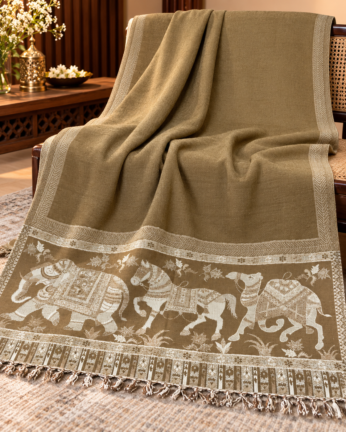 Woollen Ethnic Stole With Zari thread Work - Camel