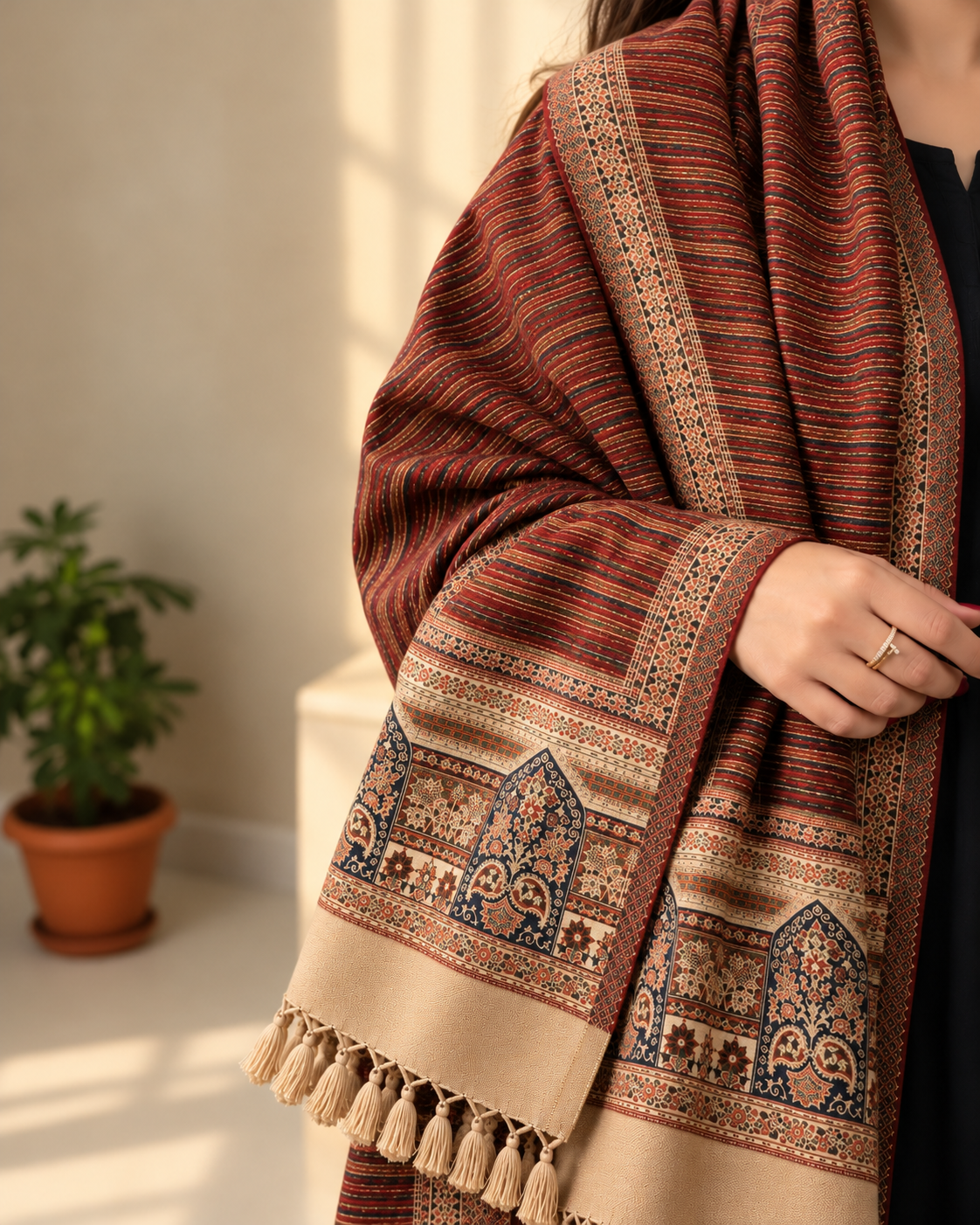Winter woollen close strip design stole - Maroon