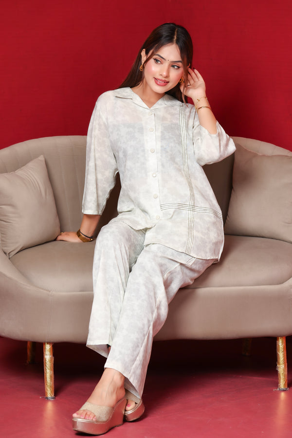Collard Cotton Designer Printed Co-Ord Set - Pista