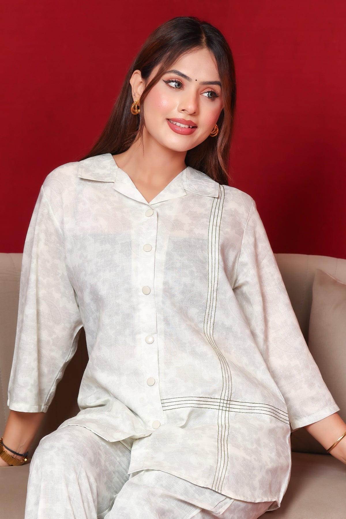 Collard Cotton Designer Printed Co-Ord Set - Pista