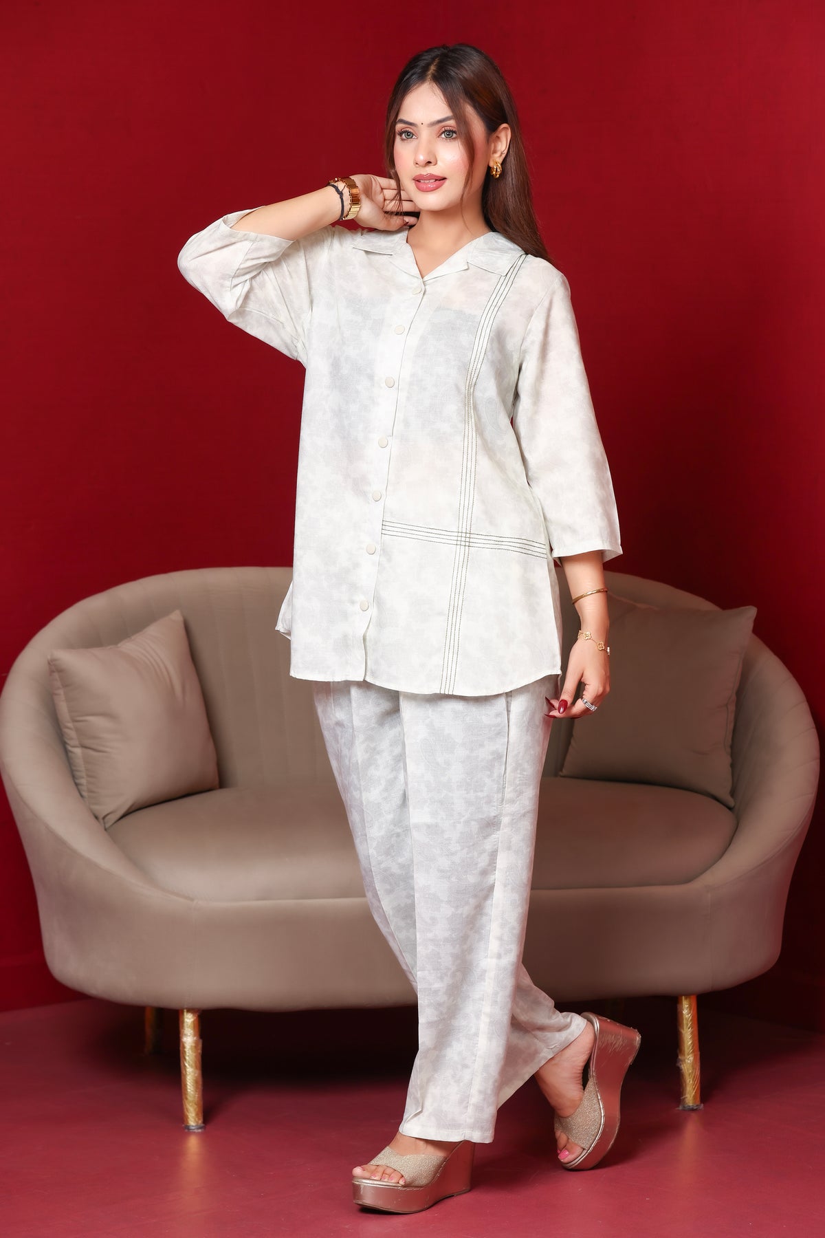 Collard Cotton Designer Printed Co-Ord Set - Pista