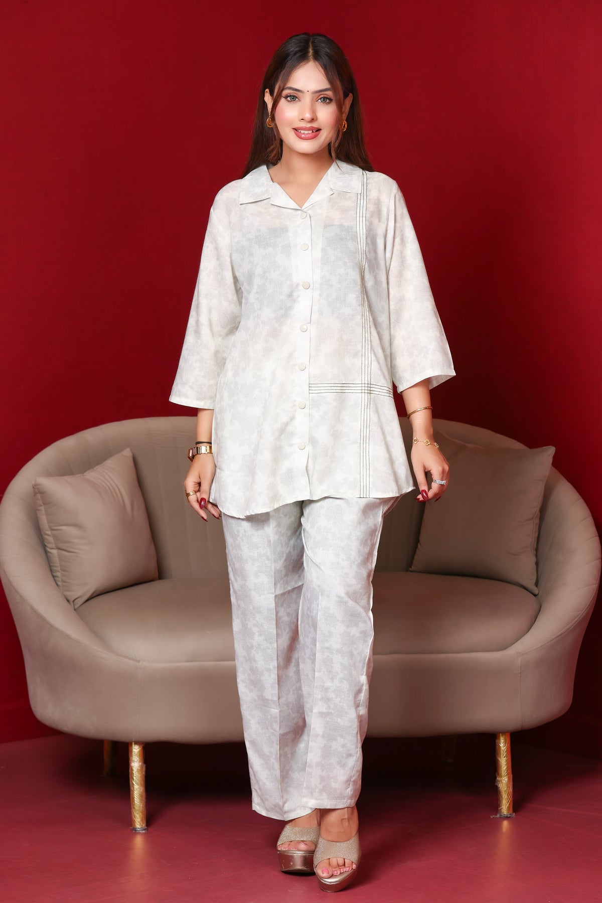 Collard Cotton Designer Printed Co-Ord Set - Pista