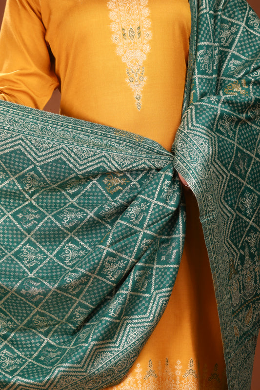 KRITI Woolen Unstitched Winter Suit Set Weave Design Mustard Color For Women
