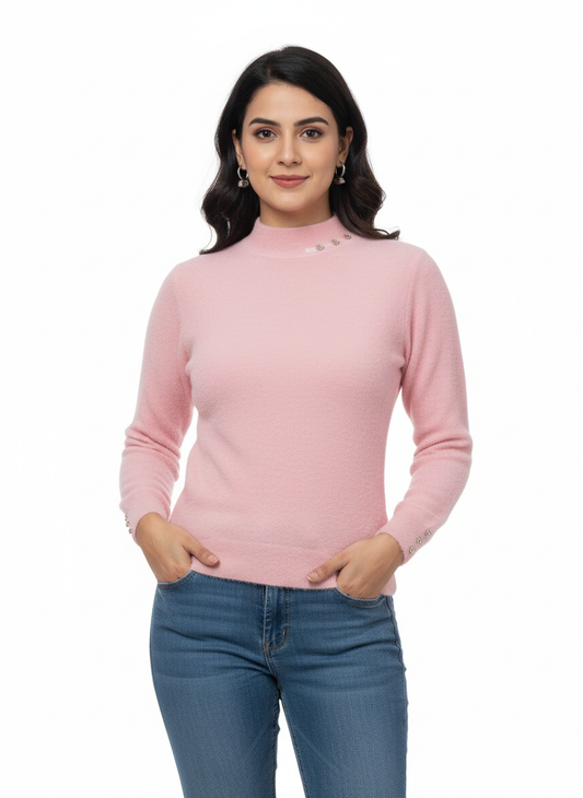 KRITI Winter Hair Wool Mock Neck Top Light Pink Colour For Women