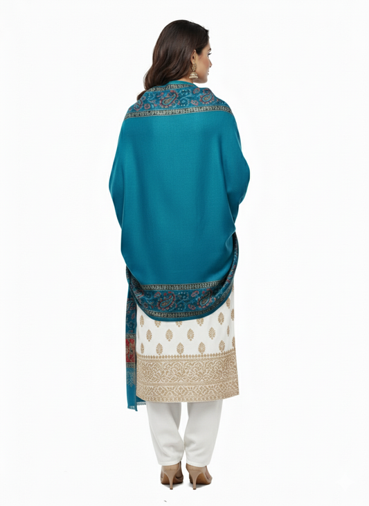 KRITI Border Design Woolen Turquoise Color Shawl for Women