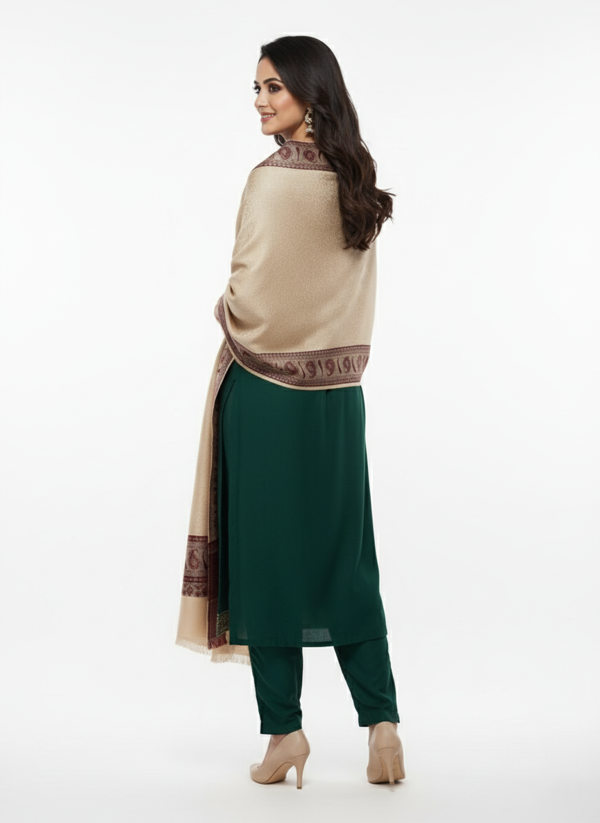 KRITI Border Design Woolen Camel Color Shawl for Women