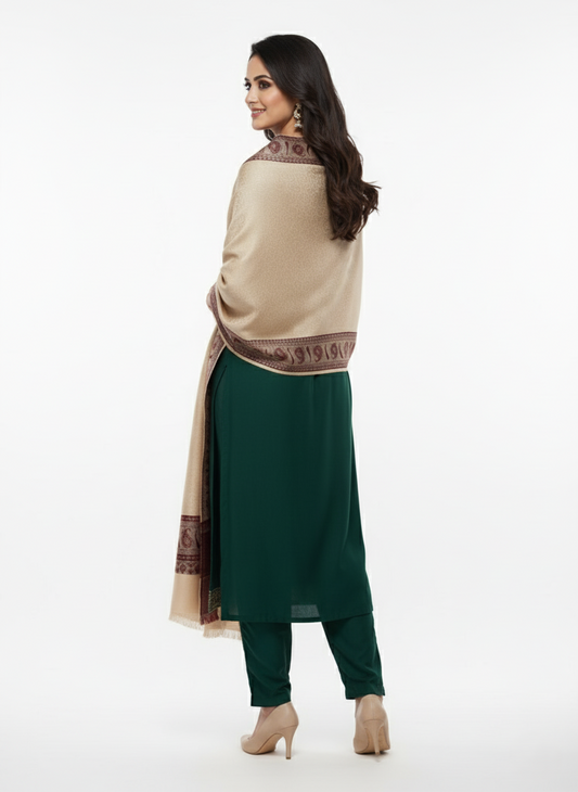 KRITI Border Design Woolen Camel Color Shawl for Women