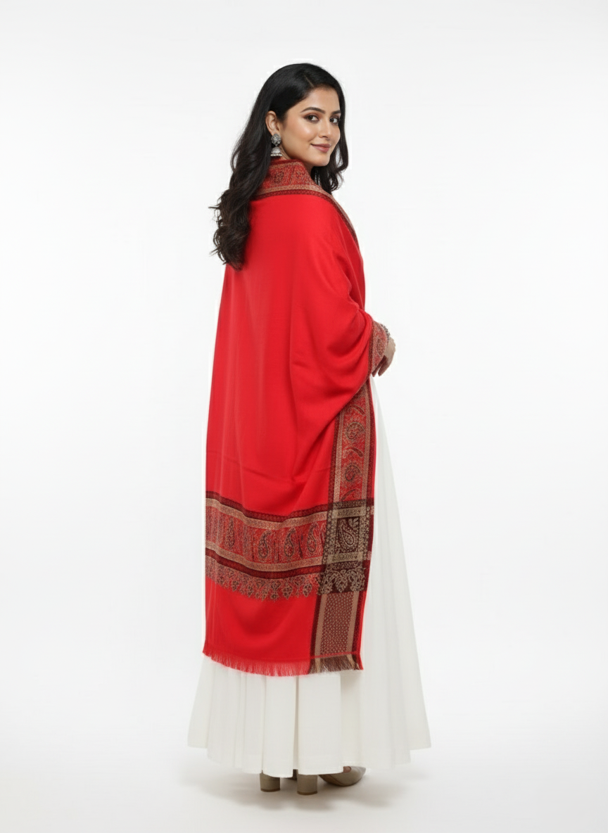 Woolen shawl with border detailing- Red