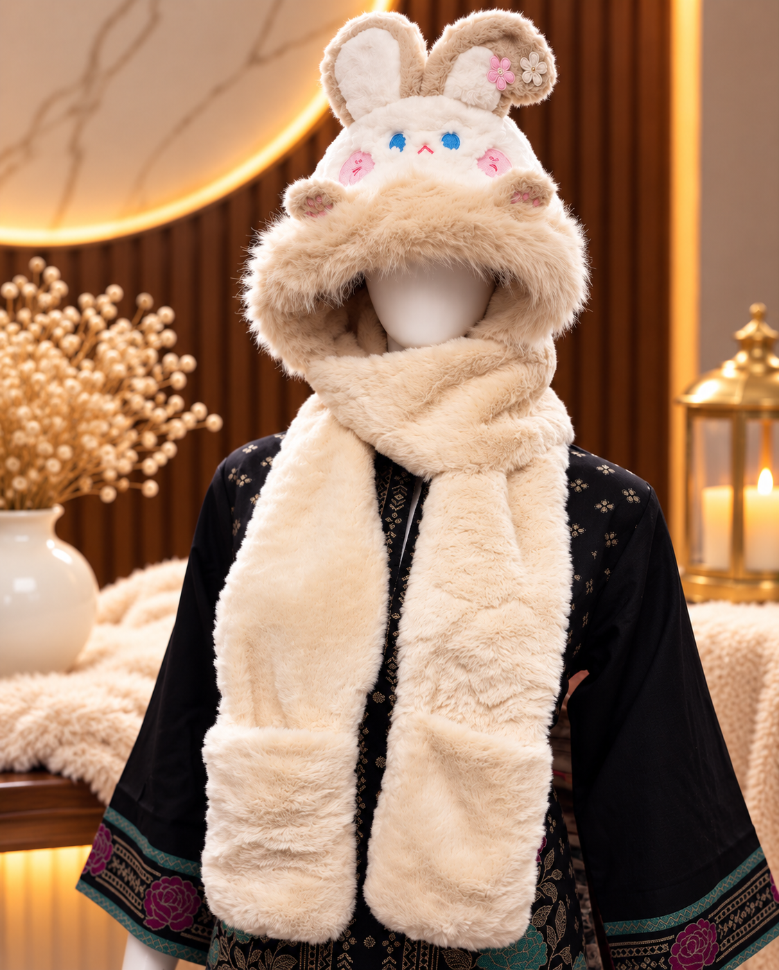 Faux Fur Teddy Bear Hooded Cap with Neck Warmer - Mouse