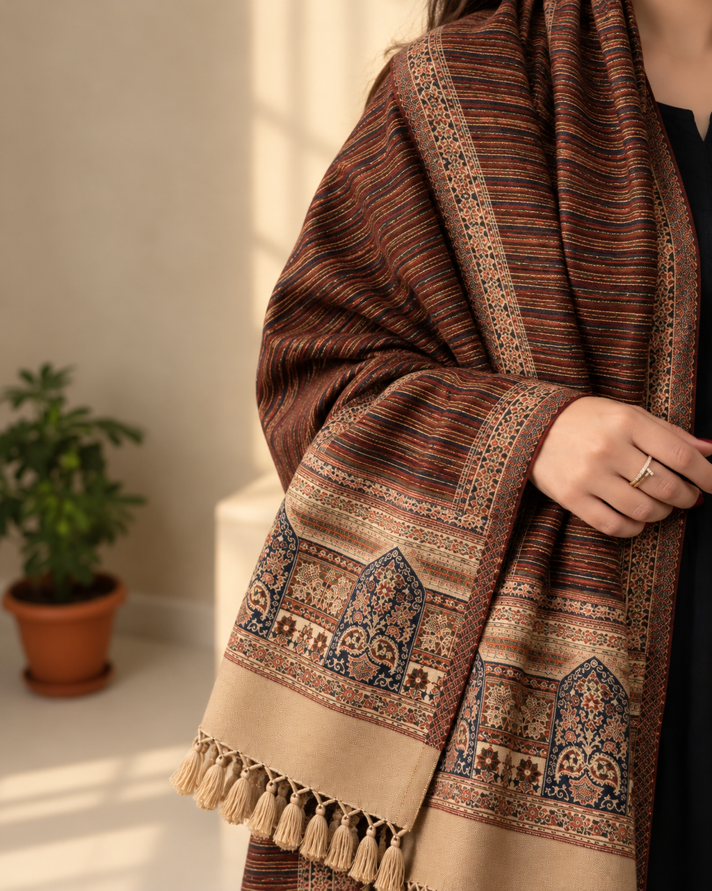 Winter woollen close strip design stole - Coffee