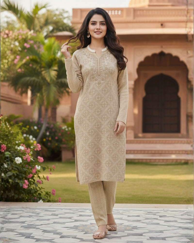 KRITI Women’s Woollen 3-Piece Embroidered Kurti Set with Bottom & Stole – Premium Winterwear | Soft Knitted Kurti, Bottom & Stole Suit Set Beige Color | M-XXL Size