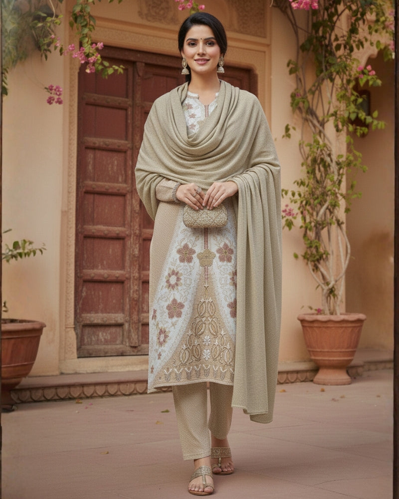 Woollen 3-Piece Embroidered Kurti Set- Beige