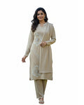 Woollen 3-Piece Embroidered Kurti Set- Beige