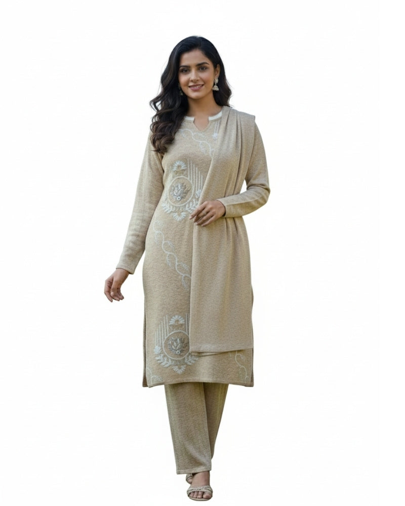 Woollen 3-Piece Embroidered Kurti Set- Beige
