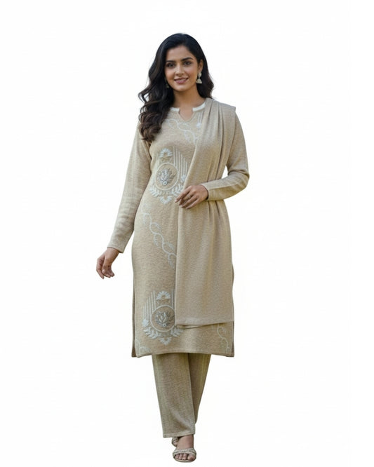 Woollen 3-Piece Embroidered Kurti Set- Beige