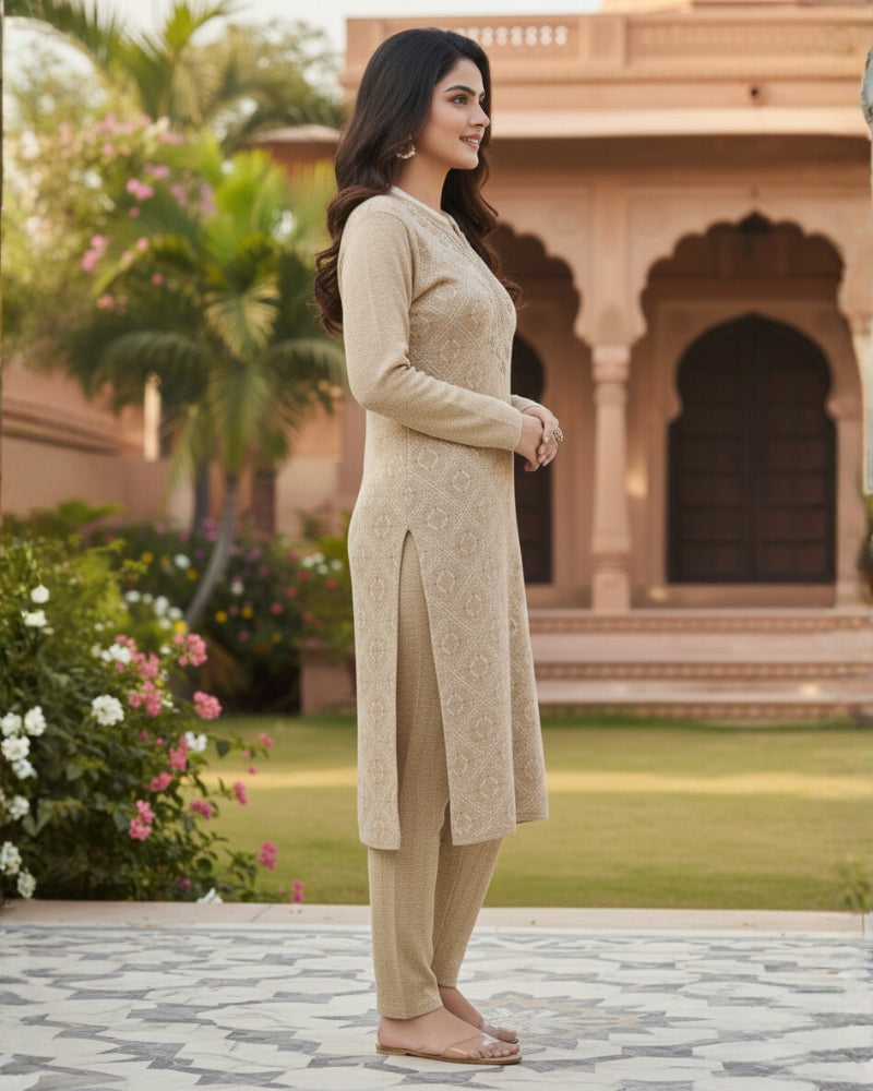 KRITI Women’s Woollen 3-Piece Embroidered Kurti Set with Bottom & Stole – Premium Winterwear | Soft Knitted Kurti, Bottom & Stole Suit Set Beige Color | M-XXL Size