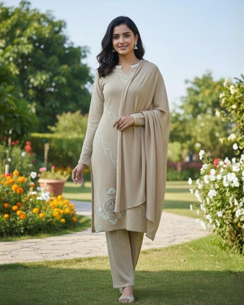 Woollen 3-Piece Embroidered Kurti Set- Beige