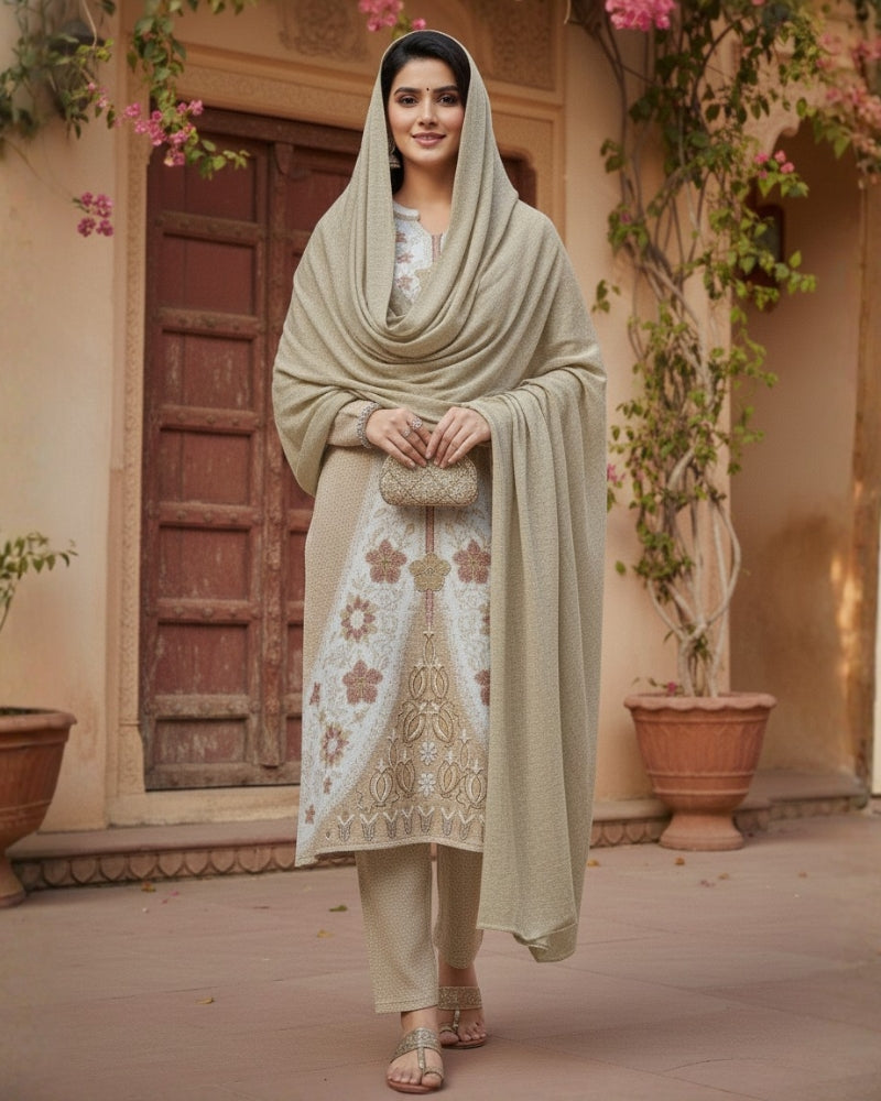 Woollen 3-Piece Embroidered Kurti Set- Beige