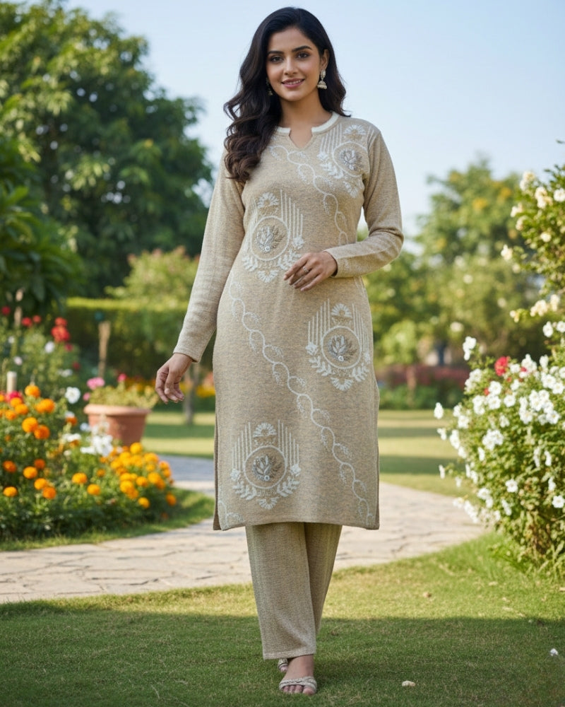 Woollen 3-Piece Embroidered Kurti Set- Beige