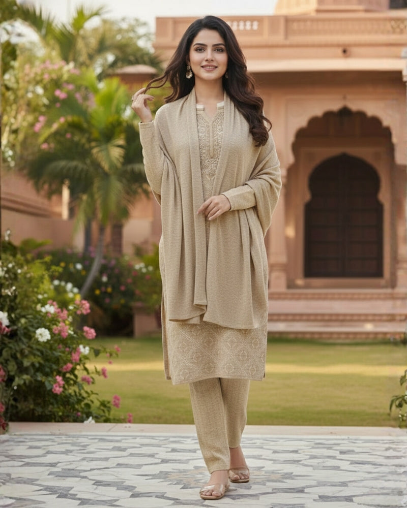 KRITI Women’s Woollen 3-Piece Embroidered Kurti Set with Bottom & Stole – Premium Winterwear | Soft Knitted Kurti, Bottom & Stole Suit Set Beige Color | M-XXL Size