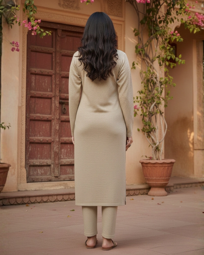 Woollen 3-Piece Embroidered Kurti Set- Beige