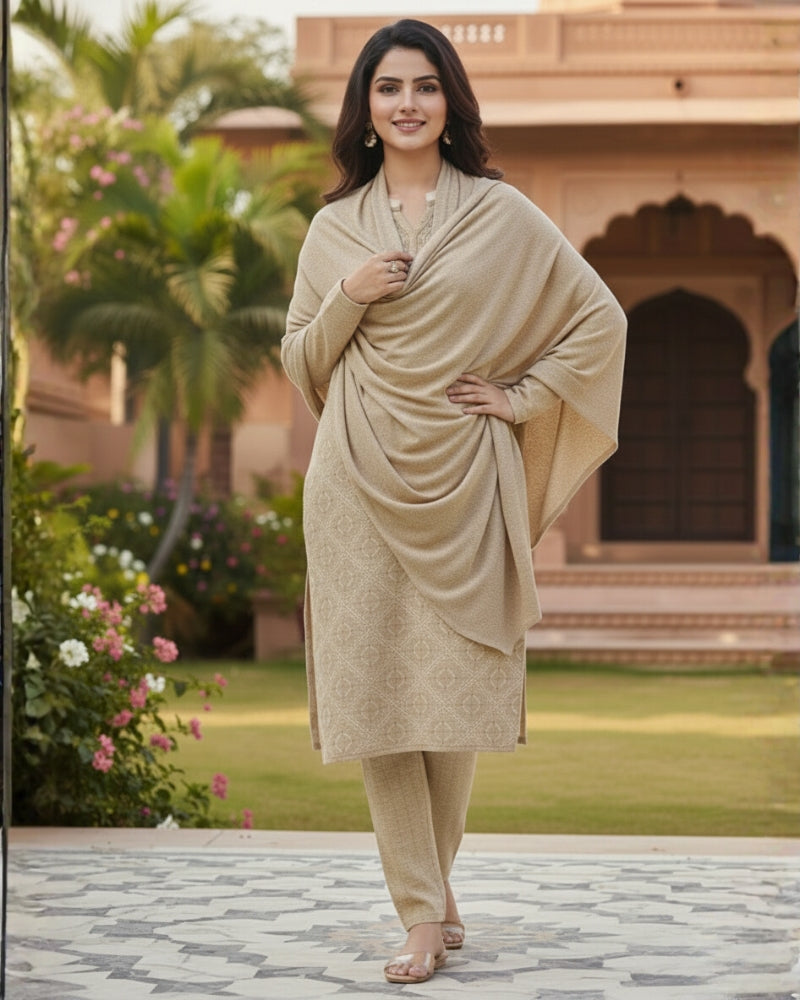 KRITI Women’s Woollen 3-Piece Embroidered Kurti Set with Bottom & Stole – Premium Winterwear | Soft Knitted Kurti, Bottom & Stole Suit Set Beige Color | M-XXL Size