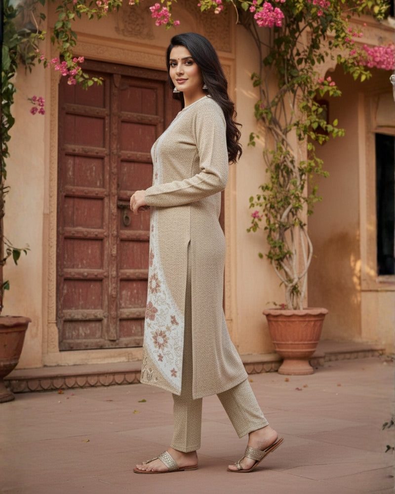 Woollen 3-Piece Embroidered Kurti Set- Beige