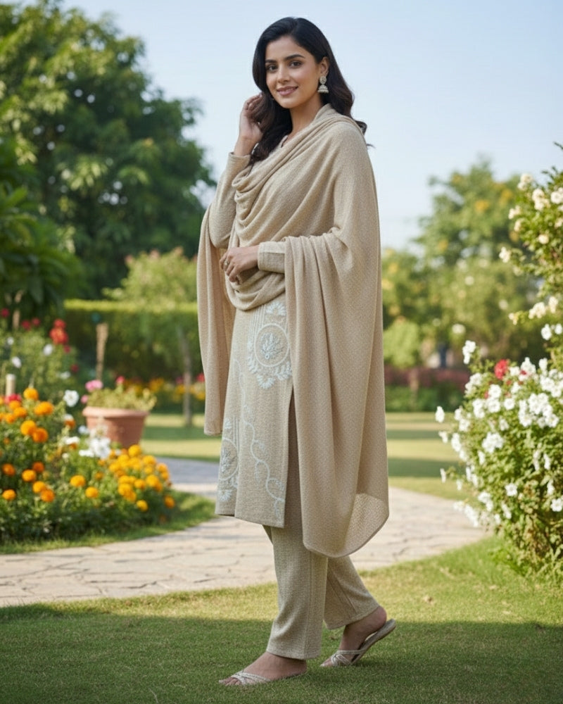 Woollen 3-Piece Embroidered Kurti Set- Beige