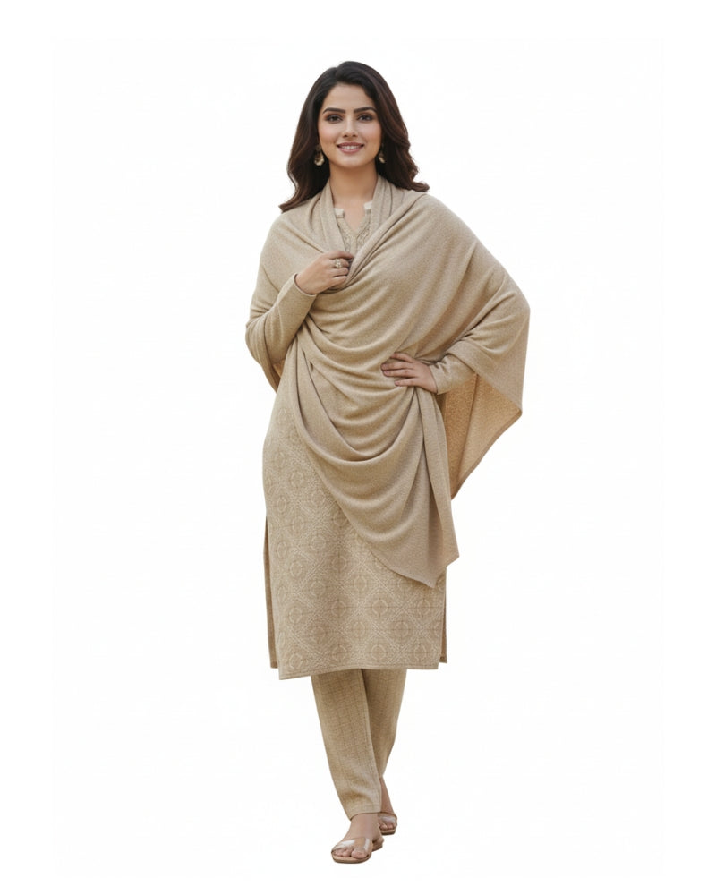 KRITI Women’s Woollen 3-Piece Embroidered Kurti Set with Bottom & Stole – Premium Winterwear | Soft Knitted Kurti, Bottom & Stole Suit Set Beige Color | M-XXL Size
