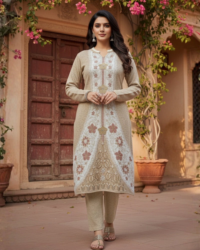 Woollen 3-Piece Embroidered Kurti Set- Beige