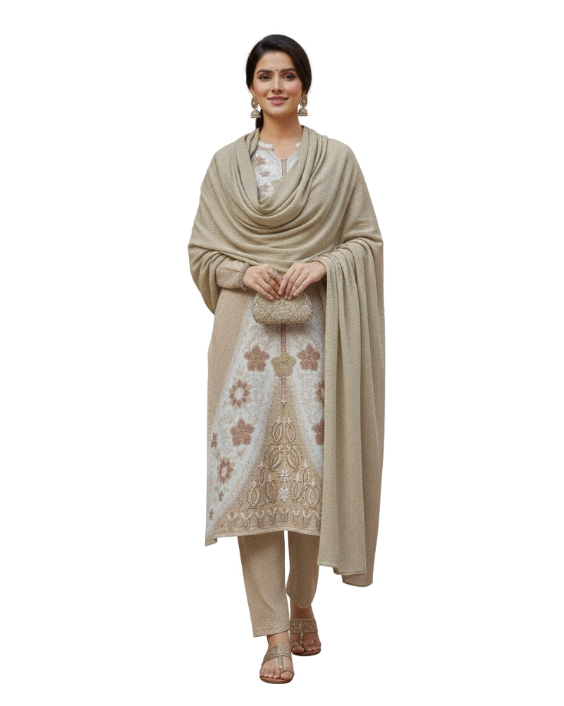 Woollen 3-Piece Embroidered Kurti Set- Beige