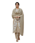 Woollen 3-Piece Embroidered Kurti Set- Beige