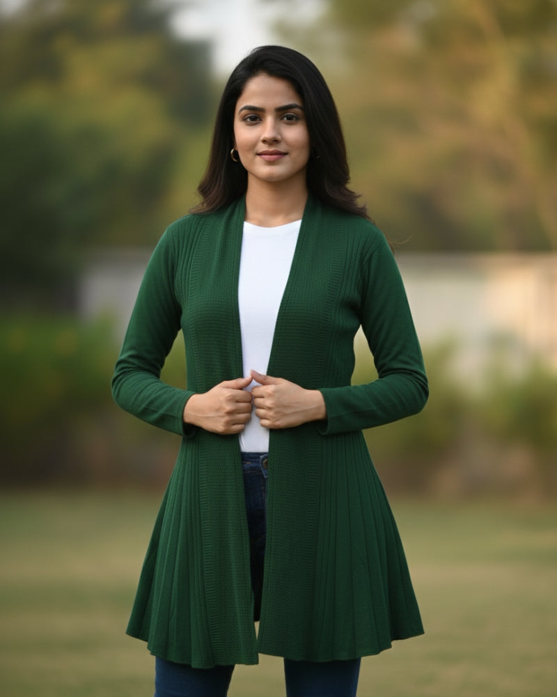 KRITI Women’s Long Shrug – Premium Wool Blend | Lightweight Winter Layer | Stylish Bottle Green Color Open-Front Shrug for Everyday Wear