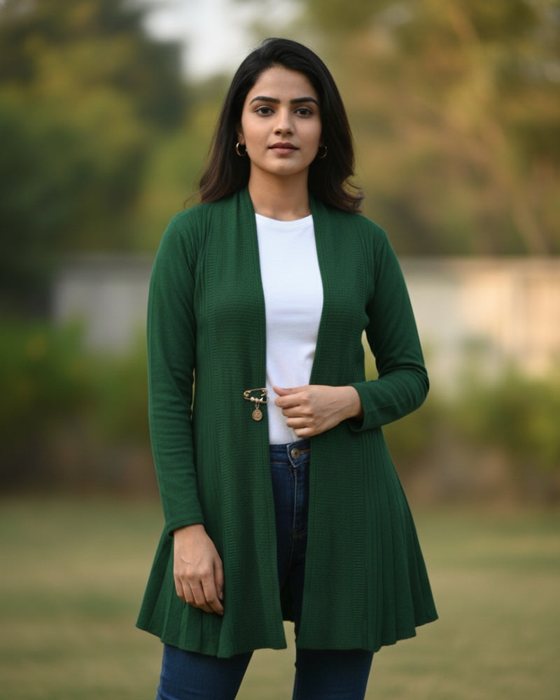 KRITI Women’s Long Shrug – Premium Wool Blend | Lightweight Winter Layer | Stylish Bottle Green Color Open-Front Shrug for Everyday Wear