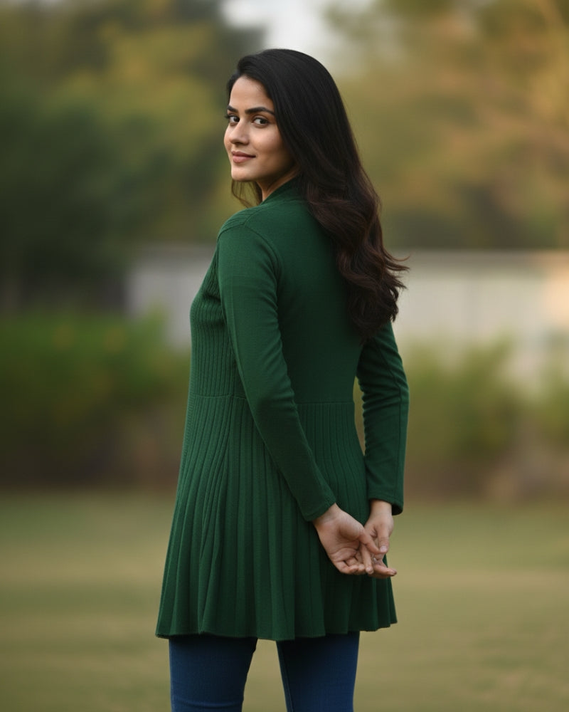 Winter Woolen Long Knitted Shrug - Bottle Green