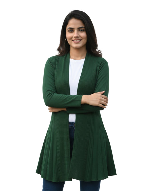 KRITI Women’s Long Shrug – Premium Wool Blend | Lightweight Winter Layer | Stylish Bottle Green Color Open-Front Shrug for Everyday Wear