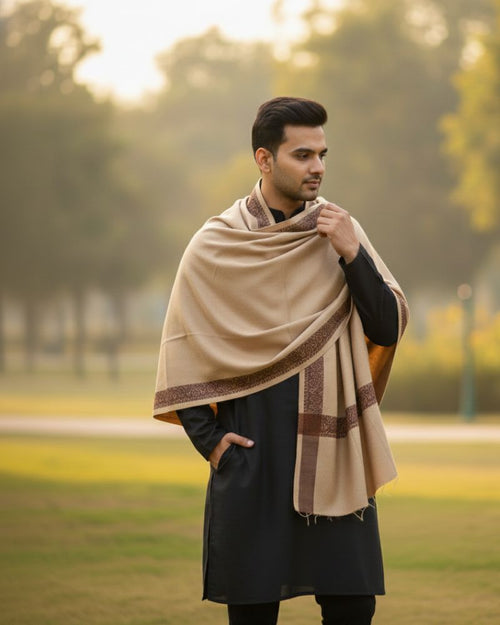 Border Design Woolen Lohi For Men - Camel